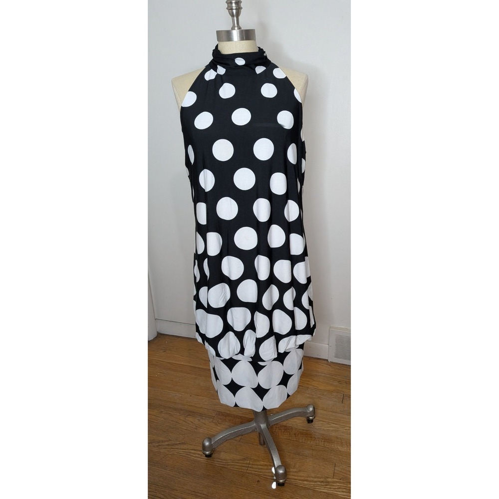 Retro Y2K Black/White Polka Dot Halter Mock Neck Sleeveless Bubble Hem Dress 1X